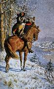alexis de tocqueville a mounted bugler blowing a large bell instrument. oil painting on canvas